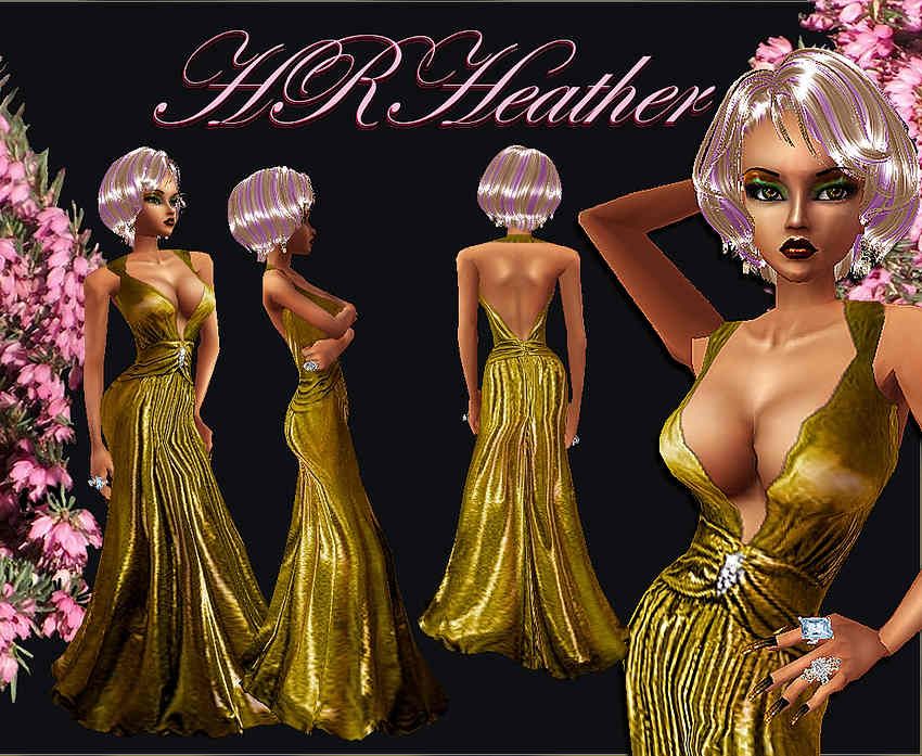HRHeathers luxurious, designer made metallic - gold halter evening gown with center jewel accent. Egyptian role playing Royalty, and Empresses will want to wear this formal gown around the palace, any evil being looking for a formal occasion dress (vampire, demons, demi-goddesses, goddesses, maybe even drow, and humans?). This dress is in my Royal couture line. Try before you buy. PLEASE DO RETURN to this sales page, and offer your kindly received comment about this, and all of my dresses, weapons, and jewelry that you buy from me  it greatly helps me, and future purchasers of my products.