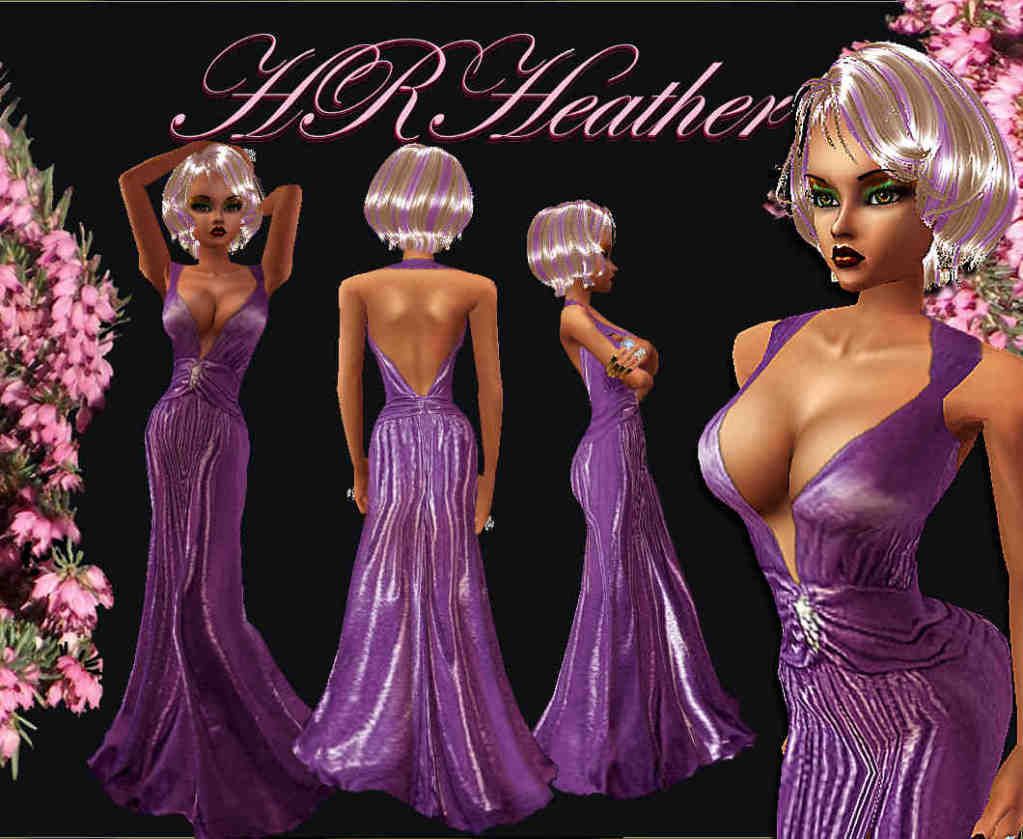 HRHeathers luxurious, metallic purple halter evening gown with center jewel accent.  Role playing Royalty will want to wear this formal gown around the palace, any evil being looking for a formal occasion dress (vampire, demons, demi-goddesses, goddesses, maybe even drow, and humans?). Can be used by Bridesmaids without much fear of outshining the bride. Try before you buy. PLEASE DO RETURN to this sales page, and offer your kindly received comment about this, and all of my dresses, weapons, and jewelry that you buy from me  it greatly helps me, and future purchasers of my products
