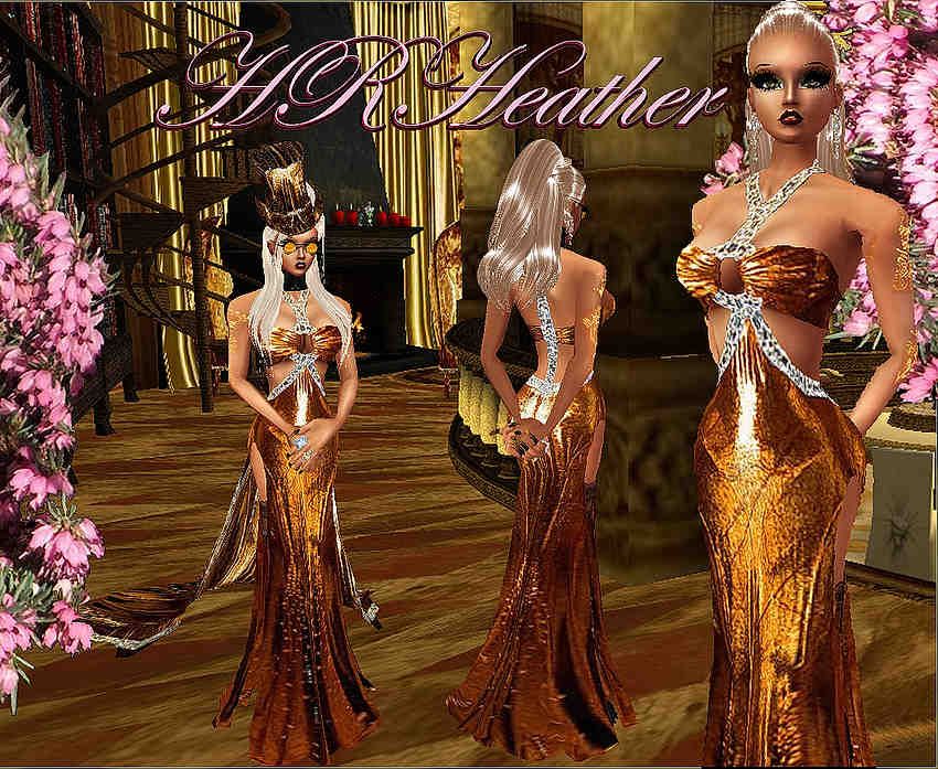 HRHeathers luxurious feeling metallic bronze pageant and extravagant evening dress that shows a lot of leg and as much of everything else while still being legally GENERAL audience.