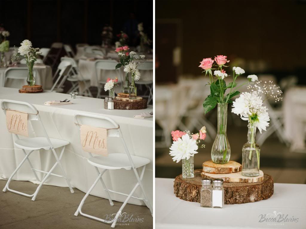 Vintage Rustic Wedding - flowers, centerpieces, wood rounds, signs